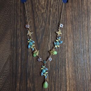 Goldtone Y Necklace Butterflies Flowers Insects Faux Gemstones Rhinestones 15.5"